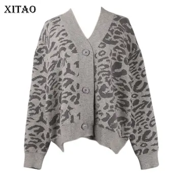 

XITAO 2020 Spring New Leopard Print Cardigan Women Lazy Oaf V Neck Korean Style Sweater Wild Loose Plus Size Tops Women DMY2825