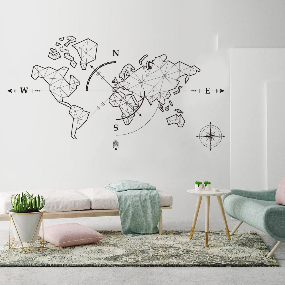 

Abstract World Map With Arrow Wall Decal Compass Earth Wall Sticker Classroom World Map Travel Global Exploration Adventure Z370