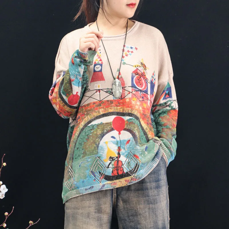 

Loose Pullover Mujer Long Sleeve Vintage Knitwear O-Neck Harajuku Cute Cartoon Printed Sweater For Women Autumn Thin Tops Sueter