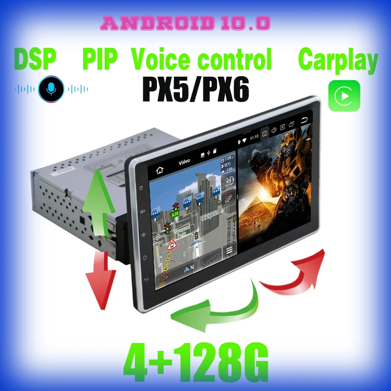 single 1 din 10.1&quot IPS rotating PX6 Android 10.0 Car universal GPS radio carplay player voice control bluetooth wifi 4+128GB |