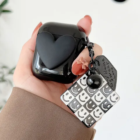 Case For Apple AirPods 2 Pro 3 Black Heart with Love Smile Keyring Soft Silicone Cover Shockproof Case for AirPod funda