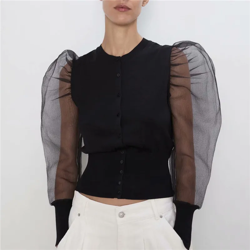 organza puff sleeve cardigan