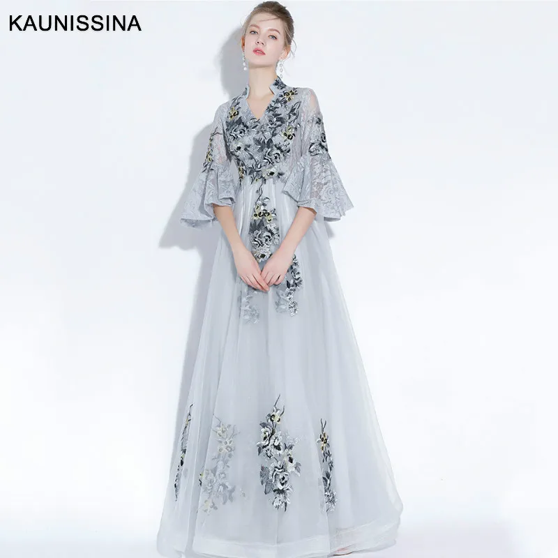 

KAUNISSINA Embroidery Flowers Elegant Evening Dress Three Quarter Sleeve Floor Length Birthday Banquet Party Gown Evening Gowns