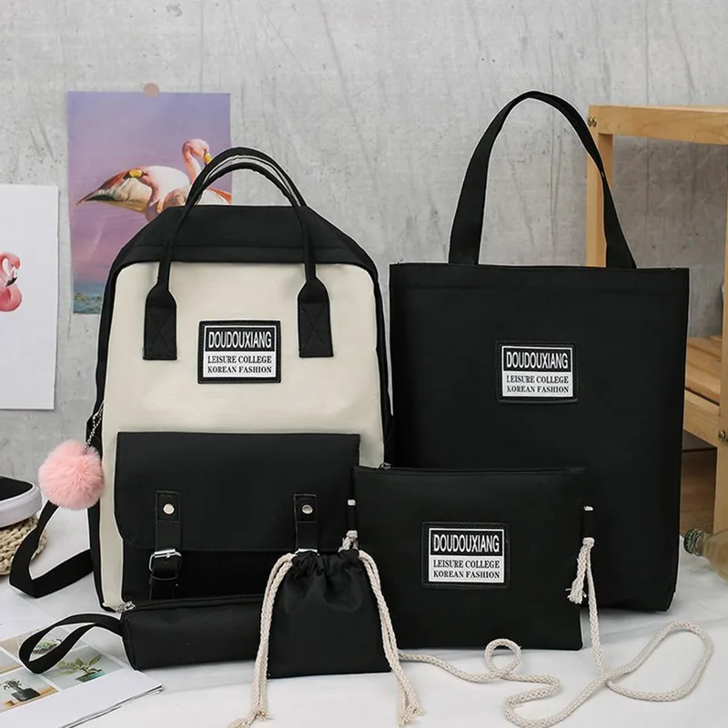 

2020 5Pcs/set Canvas School Bags For Teenager Girls Students High Quality Women School Travel Laptop Backpacks Female Book Bags