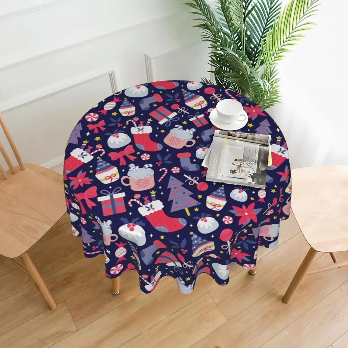 Christmas With Sweet Desserts Holly Berry On Starry Background . Cute Holiday Round Tablecloth Decorative Printed | Дом и сад