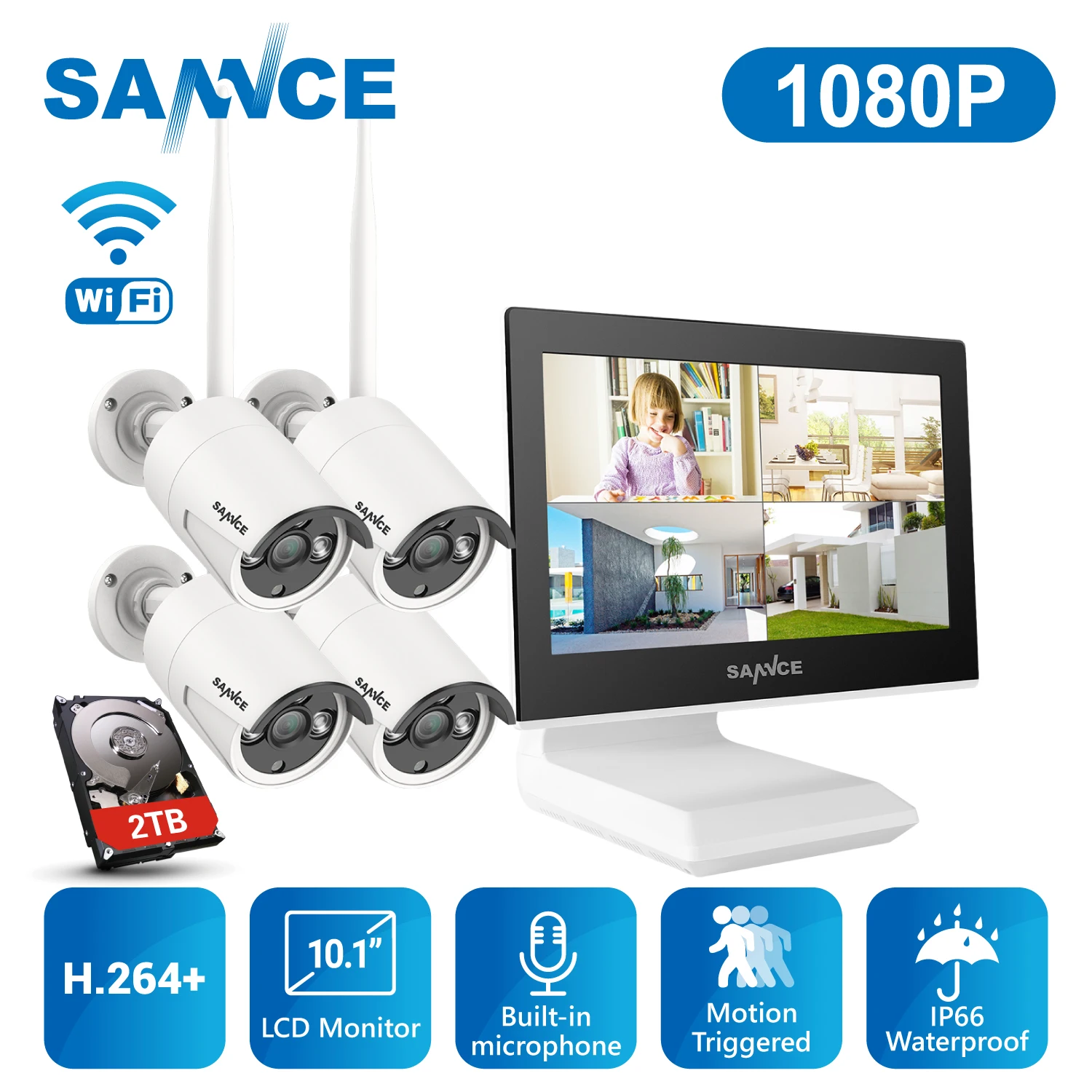 

SANNCE 2MP 1080P CCTV System 4CH HD Wireless NVR Kit with 10.1 LCD Screen Night Vision 4pcs IP Wifi Camera Security System