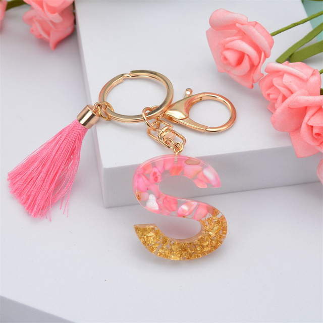 Creative Letter Alphabet Crystal Arylic Liquid Keychain Women Key Chains Ring Car Bag Tassels Pendent Charm Gift Accessory