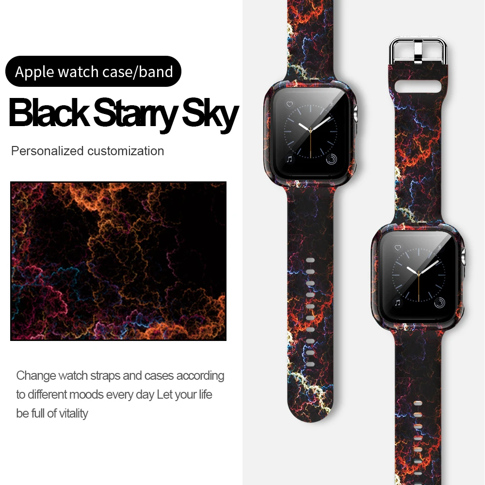 Case+Bands for Apple Watch Band 44 40 42 38mm with Screen Protector Cover, Glass+Silicon Wristband Strap for iWatch SE 654321