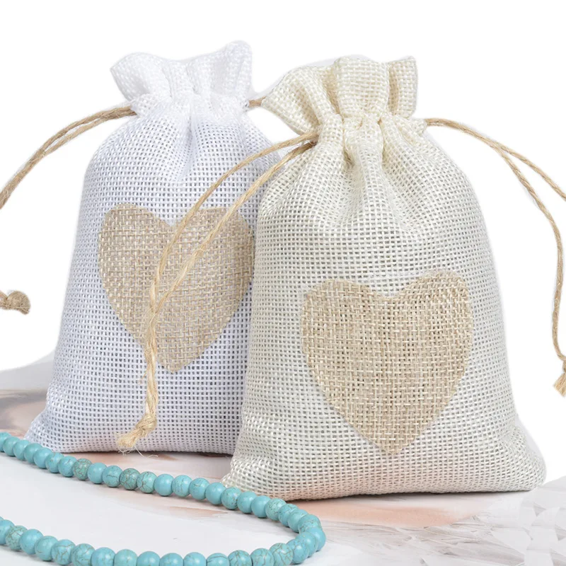 20pcs/lot 10x14cm Heart Shape Favor Bag White/Beige Linen Drawstring Jewelry Gift Packaging Bags Valentine Wedding Party Pouches 100 500pcs red heart stickers for valentine s day 1inch 2 5cm baking packaging sticker envelope seals love decorative stickers