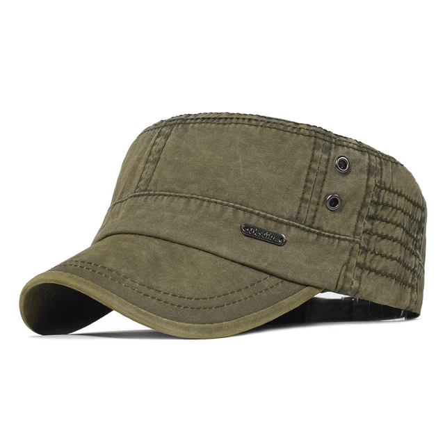 Washed Cotton Military Caps Men Cadet Army Cap Unique Design Vintage Flat Top Hat 1