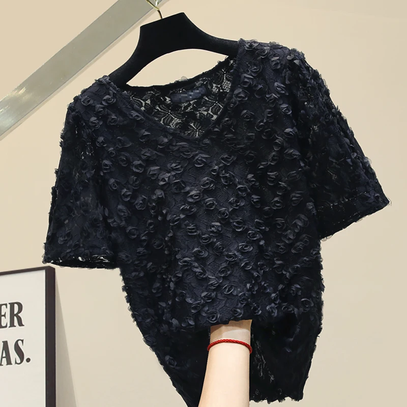 

Lace Blouse for Woman Female Retro Three-dimensional Flowers Short Sleeve V Collar Shirt Women's Blouses Tops Summer Top Blusa