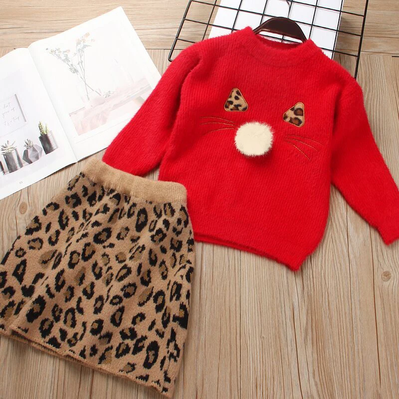 Girls Christmas Winter Dress Wools Warm Sweater + Short Dress Leopard 2-5 Years