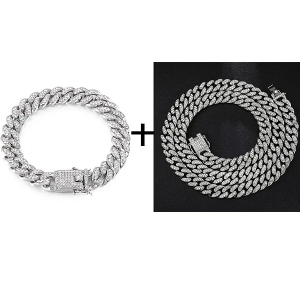 Ожерелье в стиле хип-хоп+ часы+ браслет, полностью вымощенные стразы, кубинская цепочка в стиле кантри, золото, CZ, побрякушка для Мужчин, Ювелирные изделия - Окраска металла: Silver Chain Braclet