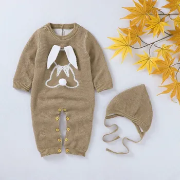 

Kids Baby Boys Girls knitting Cartoon High Quality Long Sleeve Pullover O Neck Jumpsuit with Autumn Hat Newborn Romper