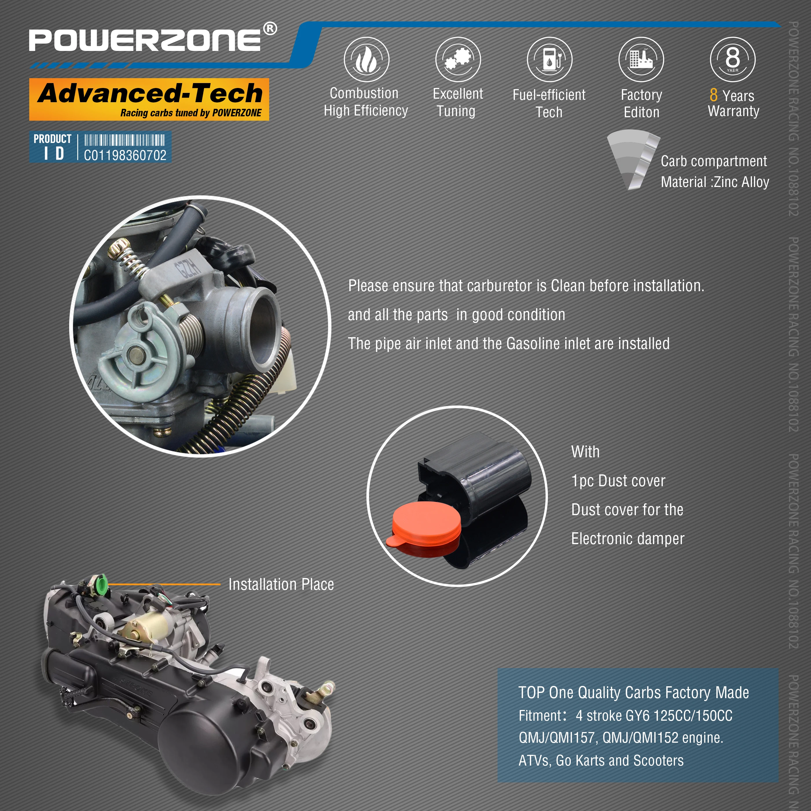 Powerzone карбюратор PD24J 24 мм CVK Ускорительный Насос Carb для GY6 125CC/150CC QMJ/QMI157/152 двигатель. Квадроциклы, Go Karts и скуте