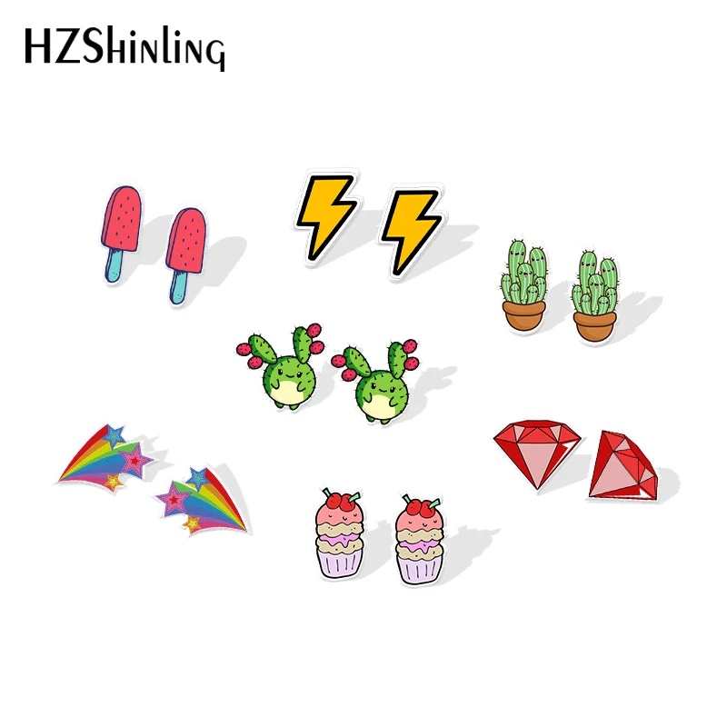 

2019 New Cute Cactus Acrylic Earring Lightning ice lolly Color Stars Plastic Earring Epoxy Silver Earrings Gilfts Women