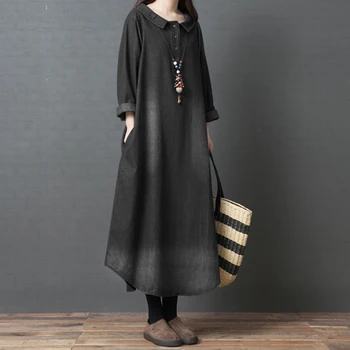 

Spring Autumn Vintage Denim Long Dress Women 2020 Long Sleeve Loose Turn-down Collar Button Cotton Oversize Black Jeans Dress