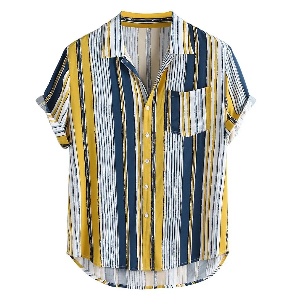 Мужская рубашка с геометрическим рисунком в стиле пэчворк, модная Гавайская Свободная рубашка с цветными блоками, винтажная Повседневная рубашка с коротким рукавом и пуговицами, льняные Топы# Y3 - Цвет: Yellow