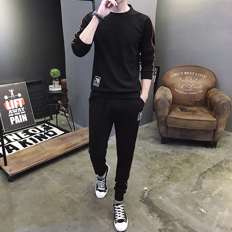 

2019 Spring And Autumn Leisure Sports Suit Men Youth Korean-style Slim Fit Trend Long Sleeve Jogging Suits Leisure Suit