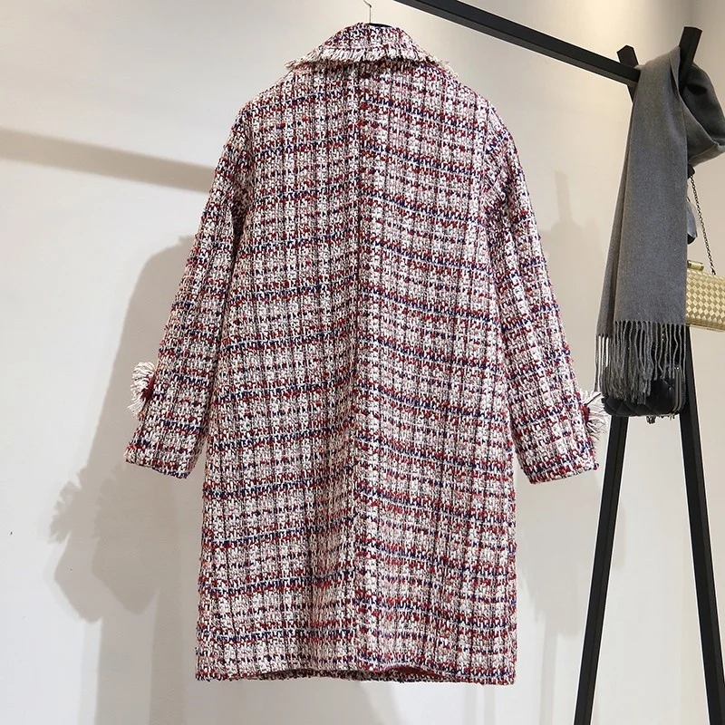 

Женское твидовое пальто на одной пуговице, зимнее клетчатое пальто с бахромой, роскошная элегантная офисная длинная твидовая куртка в уличном стиле