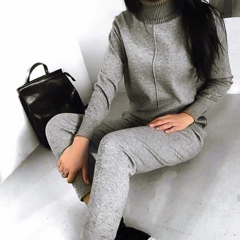 

NIBESSER 2019 Winter Warm Turtleneck Sweater Sets For Women Ladies Autumn Knitted Pullovers and Sweatpants Tracksuit Sets Casual