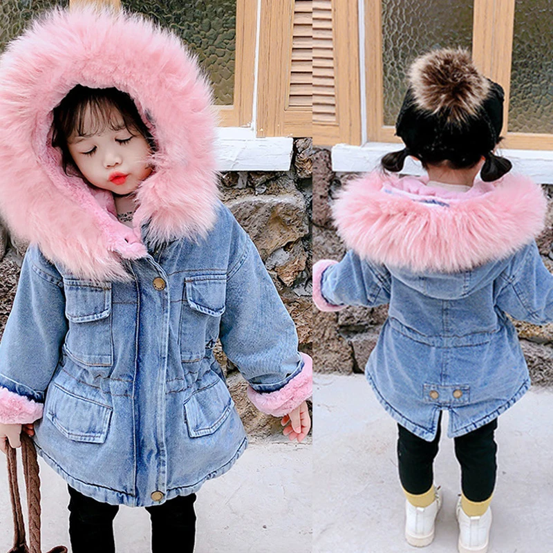 Baby Girl Coats 2021 Winter Thicken Denim Fur Hooded Parkas Jackets For