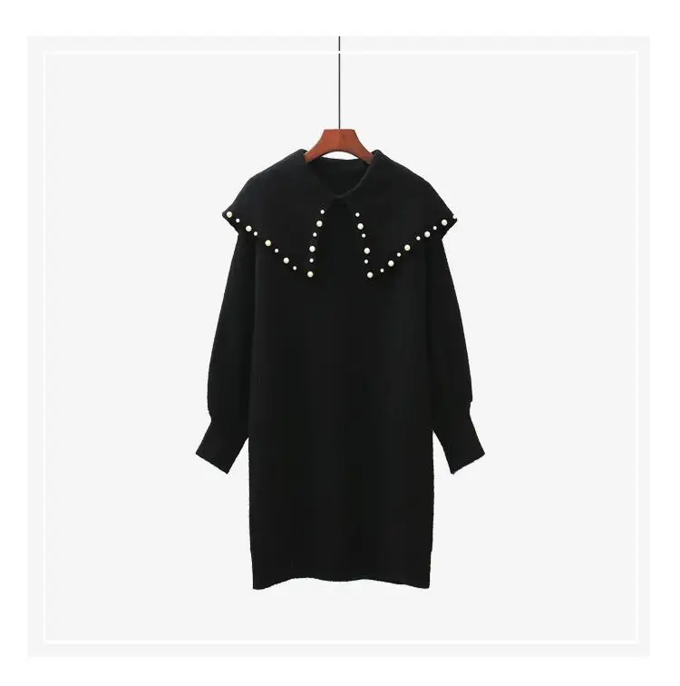 ZITY Women Sweet Jumpers Bow Collars Lantern Sleeve Pearl Beading Knitwear Long Sweater Red Pull Loose Knit Dress | Женская одежда