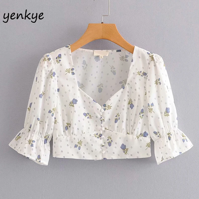 Женский короткий топ с цветочным принтом летний облегающий в стиле бохо