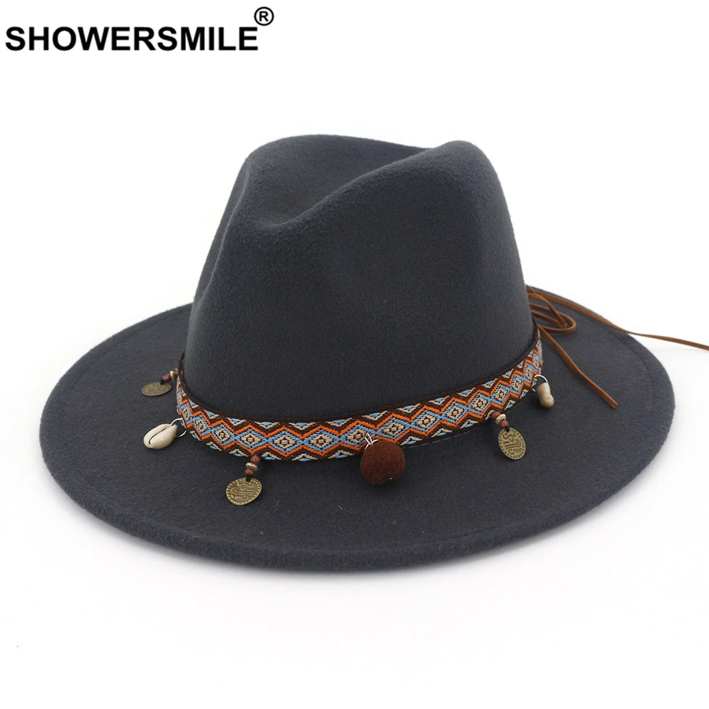 SHOWERSMILE, синие фетровые шляпы для женщин, шерстяная шляпа Трилби, женская шляпа с широкими полями, повседневная женская зимняя шапка в этническом стиле
