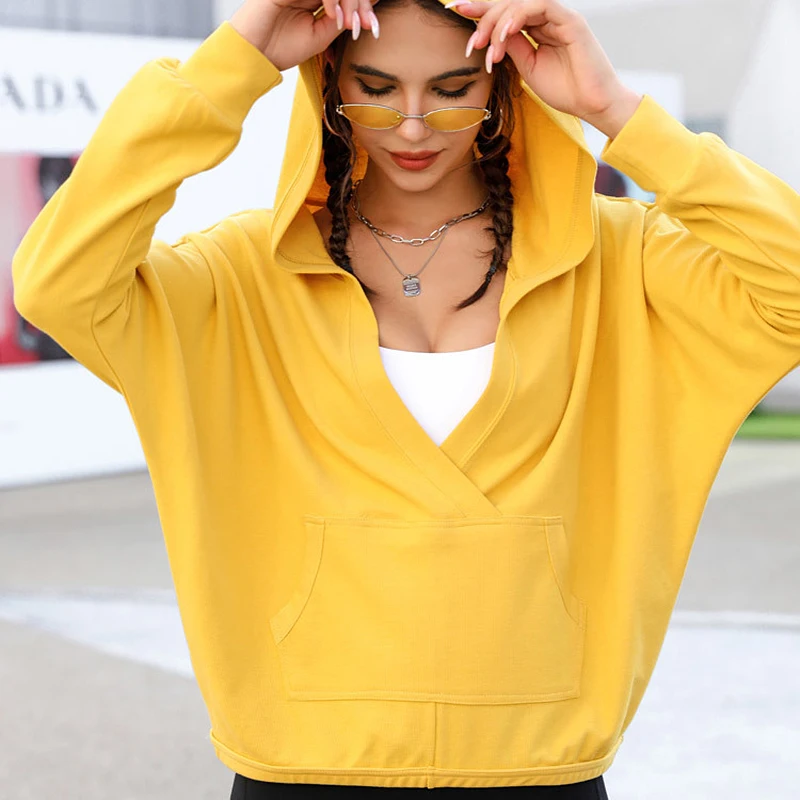 BLESSKISS Vneck Sport Jacket Women Fitness Cloth Hooded Long Sleeve