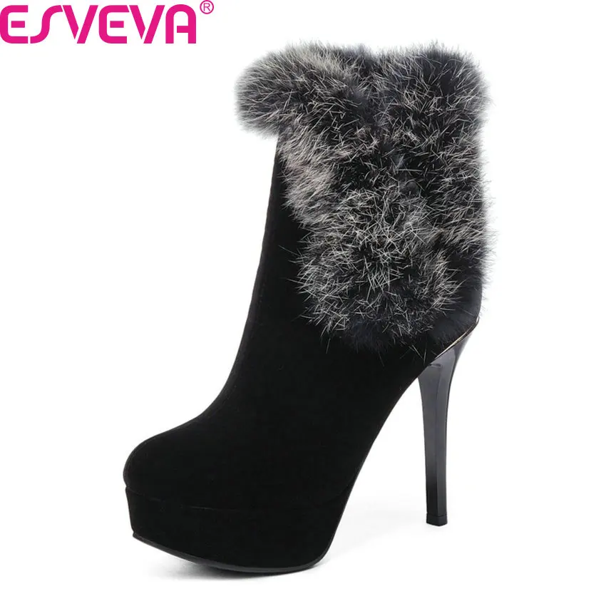 

ESVEVA 2020 Women Shoes Ankle Boots Elegant Scrub Leather Round Toe Slip On Thin High Heel Motorcycle Platform Boot Size 34-42