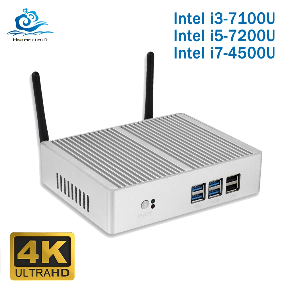 Дешевый Intel Core i5 7200U i3 7100U мини-ПК без вентилятора Windows 10 Barebone компьютер PC DDR3 2,40 GHz 4K HTPC WiFi HDMI VGA USB