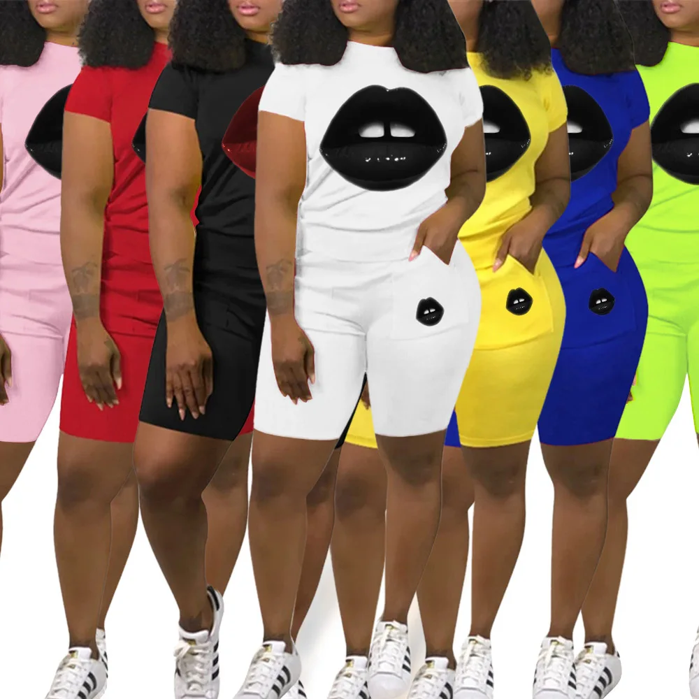 

2020 Summer Hot Selling Suit Round Neck Lip Printings T-shirt Shorts Two-Piece Set European and American Women's Clothing