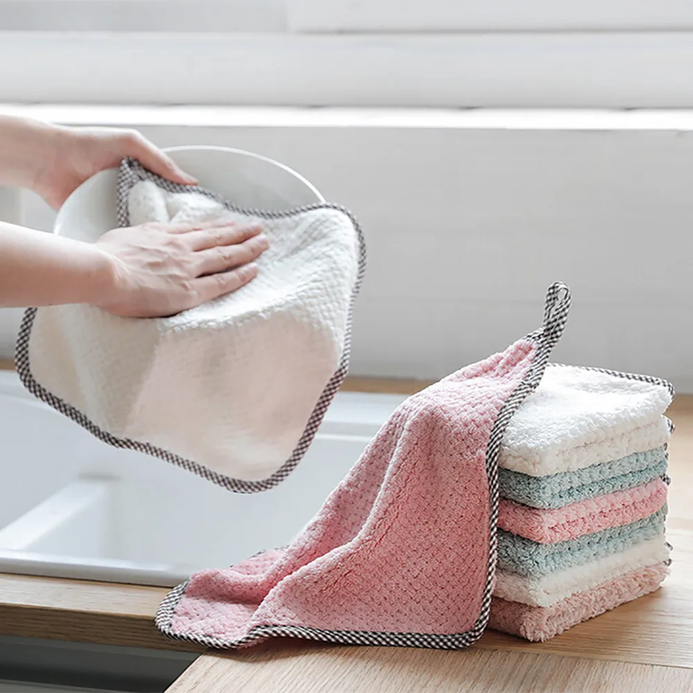 Paño de limpieza de toallas de cocina antiadherente, toallas de mano colgantes de terciopelo, Coral, para lavar platos, ventanas, suelo de coche, limpieza del hogar, 1 Uds.