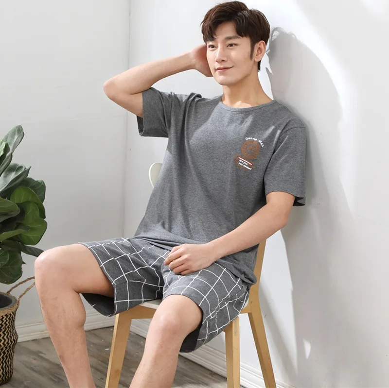 2019 Summer Short Sleeve Cotton Pajamas Sets for Men Plaid Pants Sleepwear Male Cute Cartoon Homewear Pijama Lounge Home Clothes