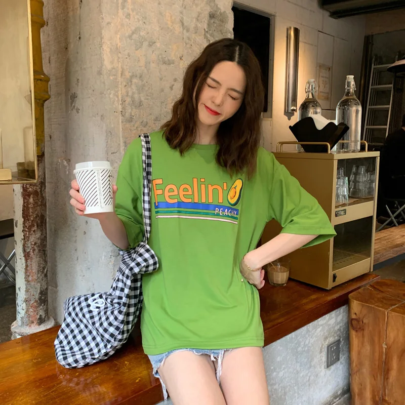 Футболка женская футболка с короткими рукавами Корейская версия свободного кроя Харадзюку для девочек, винтажный Топик с надписью «sense of mind niche Matcha avocado»
