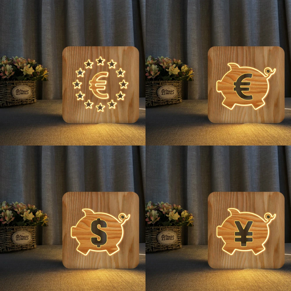 

Currency Sign Euro US Dollar Pound 3D Night Light USB Wooden Base DIY Night Lamp For Saving Gift Holiday Light Dropshipping