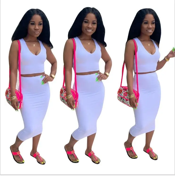

2019 new women summer solid tank top bodycon midi skirts suit two piece set club party women's tracksuit outfit dress