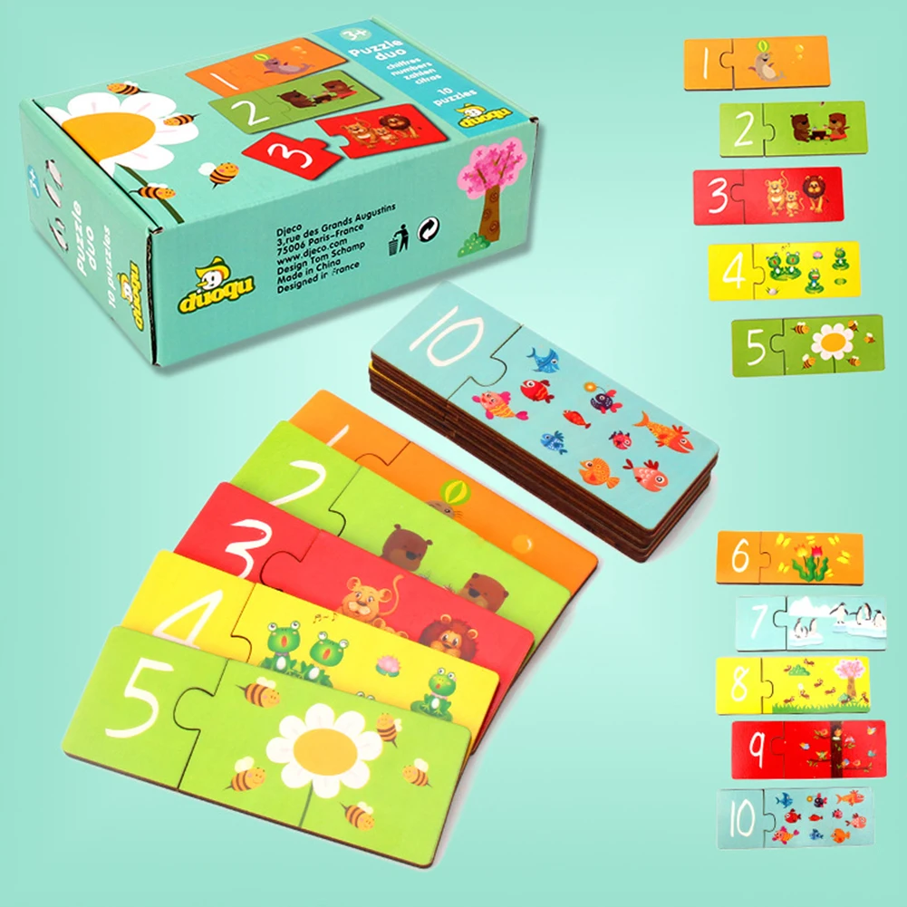  10pcs/Set Wooden Animal Number Matching Cards Kids Baby Learning Educational Montessori Toy Table G