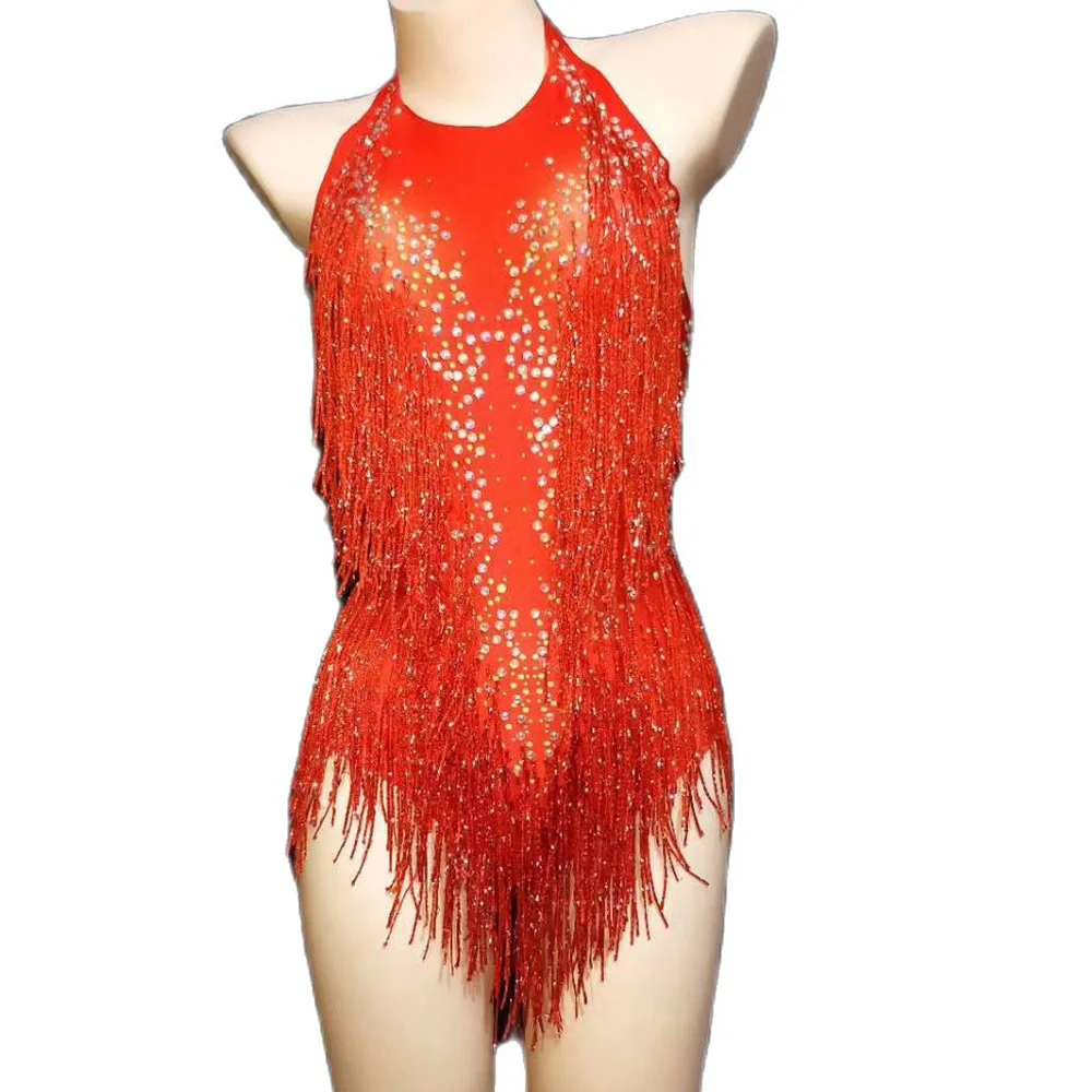 

Shining Diamonds Red Fringe Women Bodysuits Evening Prom Party Birthday Celebrate Romper Nightclub Singer Show Costume