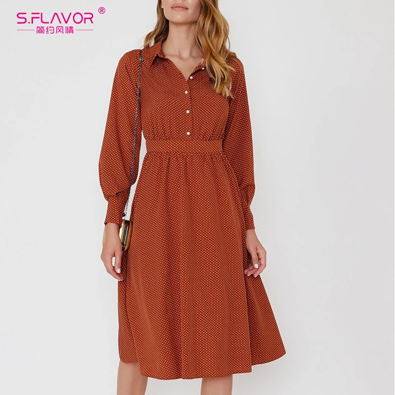 

S.FLAVOR Autumn Women Vintage Polka Dot Dress Button Turn Down Collar Slim A Line Party Dress Long Sleeve Sexy Knee Length dress