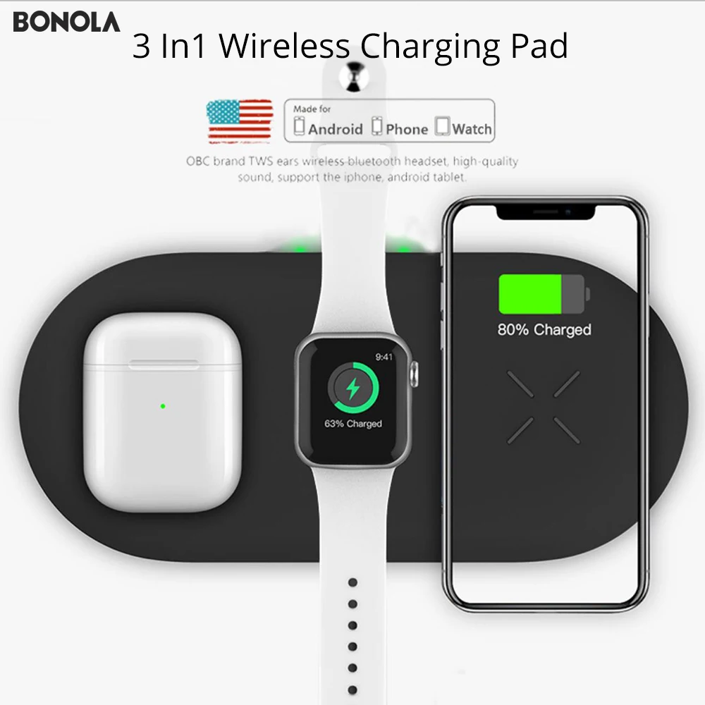 Bonola 3 в 1 беспроводной зарядный коврик для iPhone 11Pro/11/XAR/XsMax Зарядное устройство Док-станция для Apple Watch 5 Беспроводное зарядное устройство для AirPods Pro