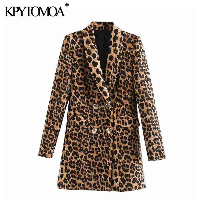 

KPYTOMOA Women 2020 Vintage Fashion Double Breasted Leopard Blazer Coat Long Sleeve Animal Pattern Female Outerwear Chic Tops