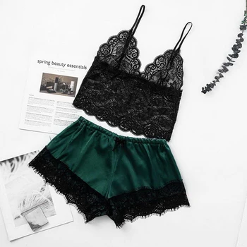 

2 Pcs Women Sexy Pajamas V-Neck Sleeveless Strap Lace Camisole Satin Shorts Women Sleepwear Nigthwear Set
