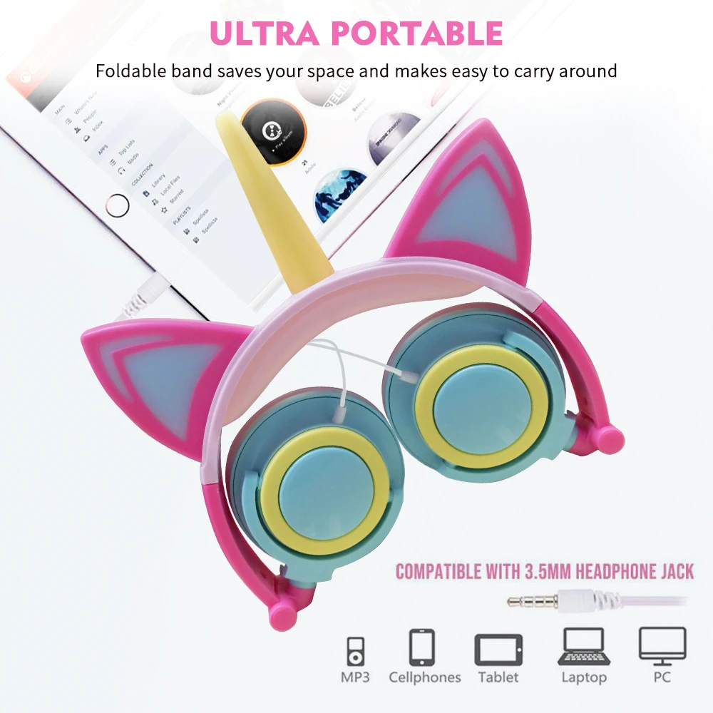 Cute Kids Headphone Led Light Unicorn Wired Headphones Girl Gamer PC Earphone Foldable Music Gaming Overear Headset Auriculares