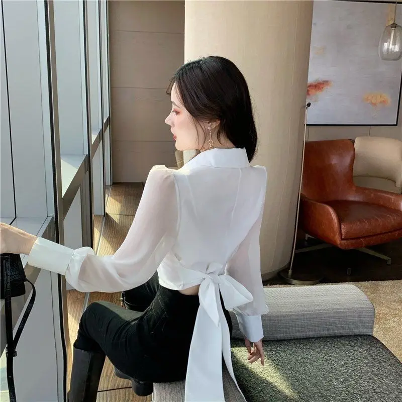 Shirts Women Solid Turn-down Collar Ins Abdomen Cropped Leisure Korean Style Fashionable Ladies Blouses Long Sleeve Stylish Chic