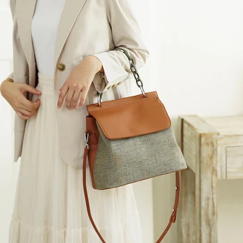 

WOONAM Women Fashion Canvas With Genuine Calf Leather Trim Acrylic Chain Handle Backpack Bag WB1136