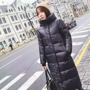 

X-long over-the-Knee Bright Surface WOMEN duck down Jacket Winter New Style Thick Hooded Cocoon Long Slim Fit Coat