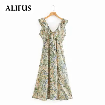

Fashionable Women's Dress 2020 Fashionable Elegant Print Chic Deep V-Neck Sleeveless Casual dress Swing Split Dress Female