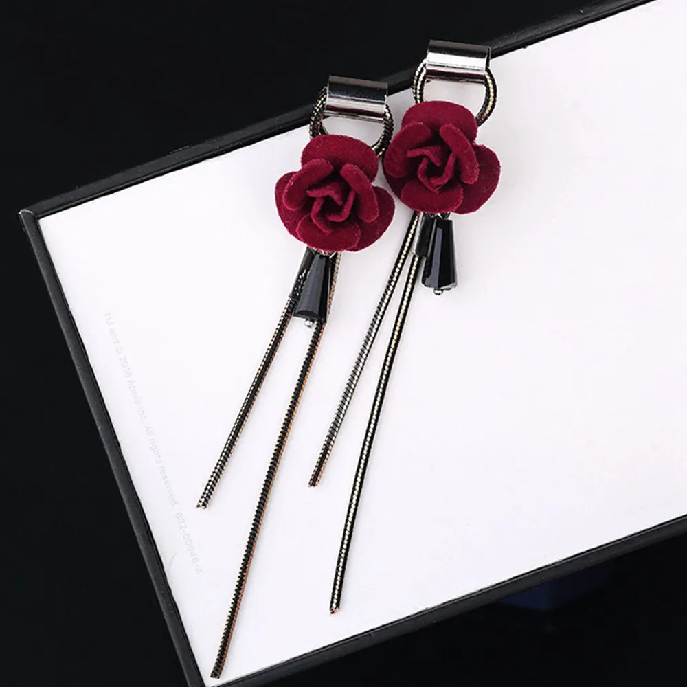 FYUAN Classic Red Rose Flower Drop Earrings For Women Bijoux Long Tassel Black Crystal Dangle Fashion Jewelry Gifts | Украшения и